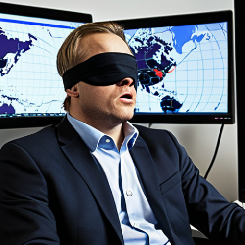 Chaotic global forex market. A stressed financial analyst in a modern office, surrounded by multiple screens displaying rapidly changing currency charts, including the Swedish Krona, and overwhelming real-time news feeds. The scene emphasizes the struggle with outdated traditional methods against extreme volatility caused by unforeseen global political events and sudden market shifts. Visuals should convey an overwhelming, reactive, and unpredictable environment, akin to "driving blindfolded."
